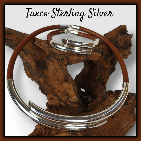 Vintage Taxco Sterling and Leather Choker Necklace and Bracelet Set - Picture 1 of 13